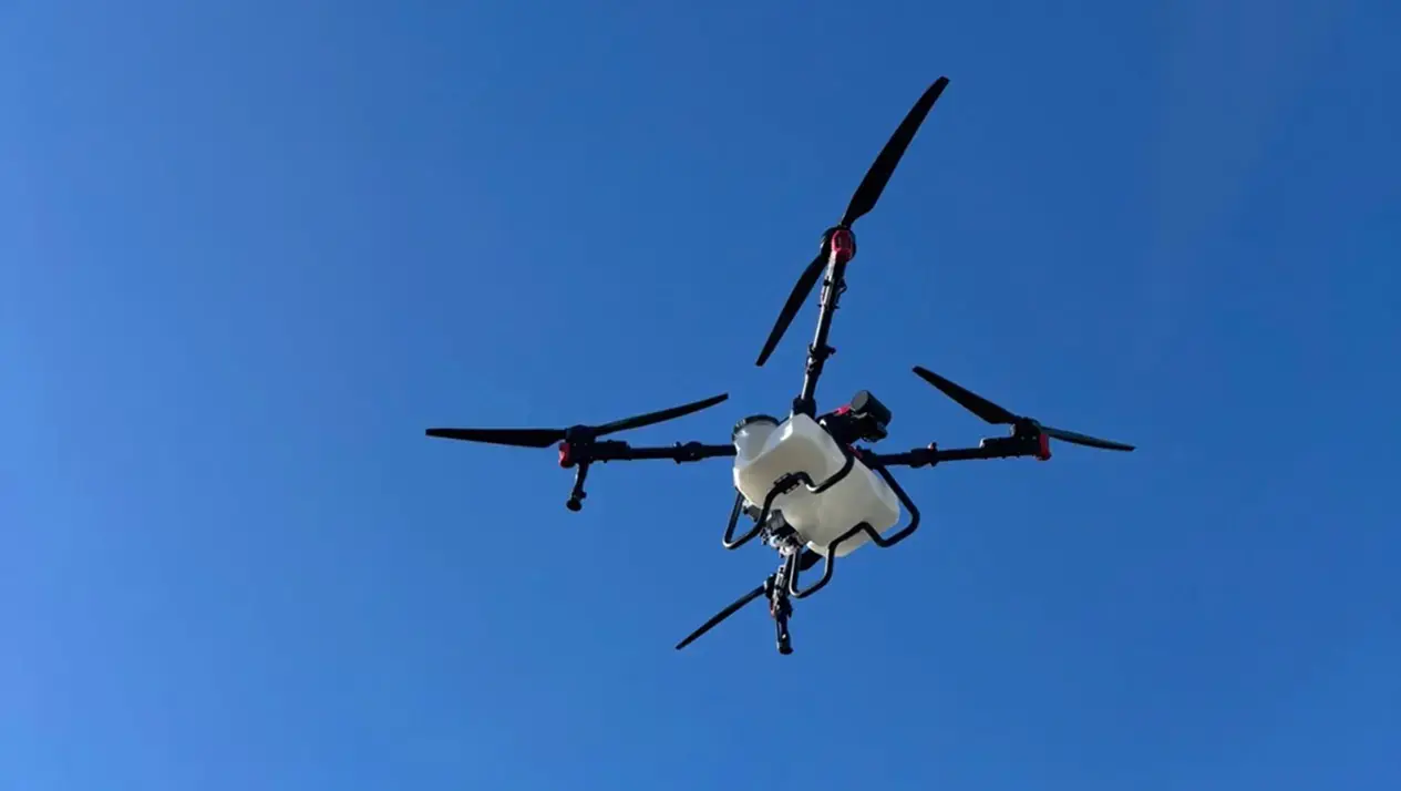 Drone flies high above crop