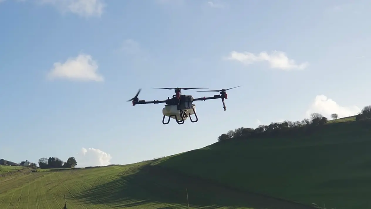 Drone hovering in winter sky